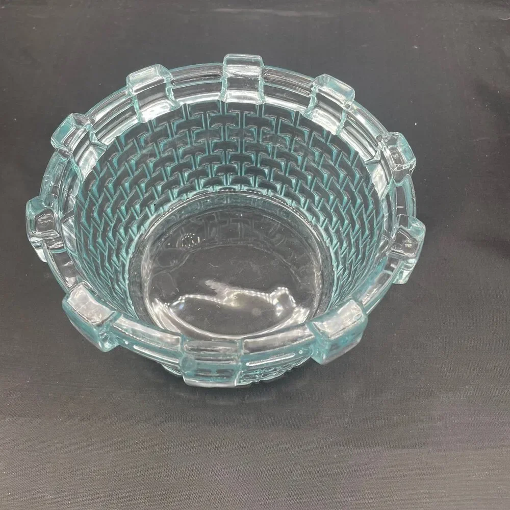 Vintage Blue Glass Basket Weave Bowl Aqua Seafoam Textured Candy Dish